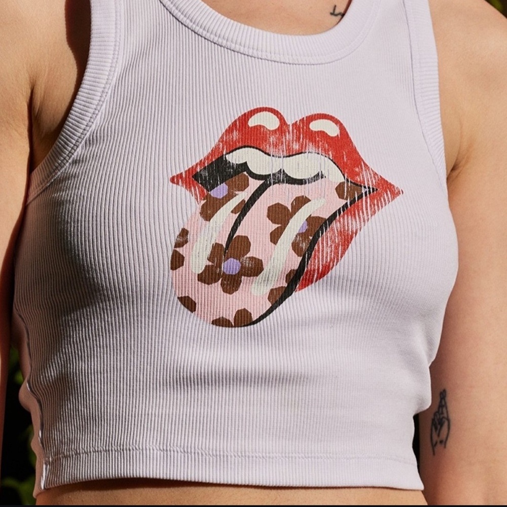 White Graphic Tank Top with Pink Floral Tongue - Rolling Stones Inspired - Picture 2 of 3